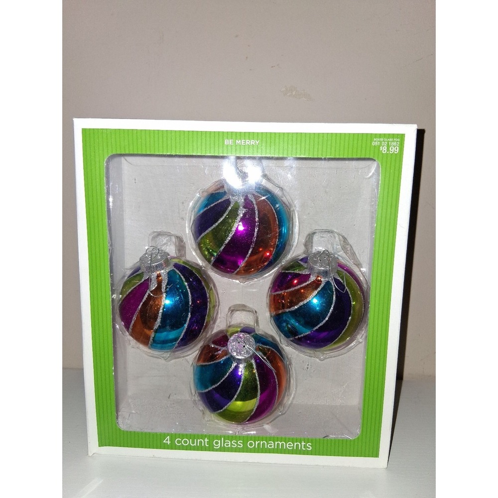 Rauch Be Merry 3" Glass Christmas Ornaments Set of 4 Multicolor Swirl 2008
